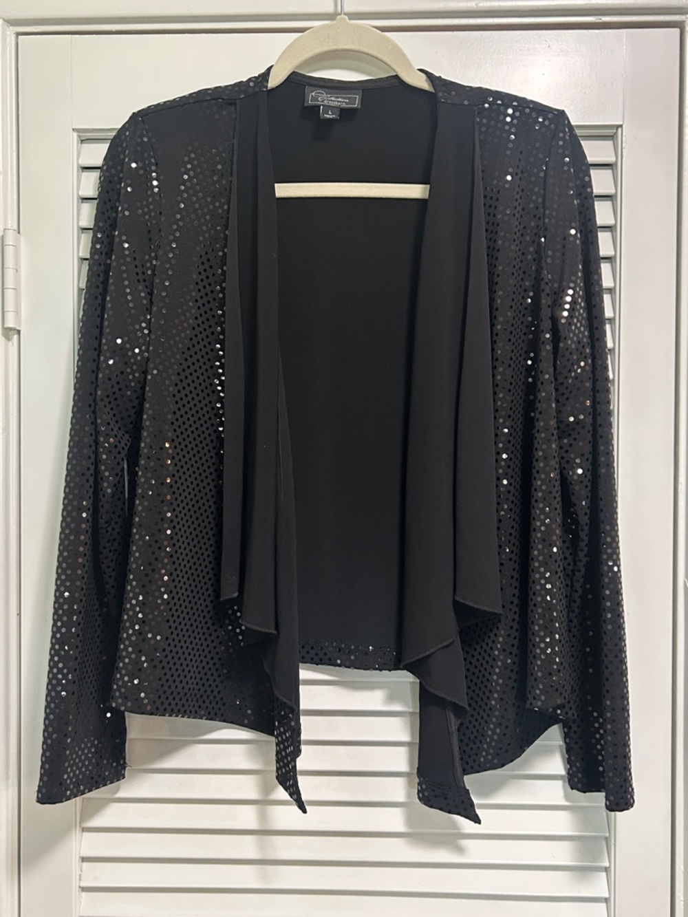 dressbarn Collection Black Sequin Open-Front Lightweight Jacket, Size Large